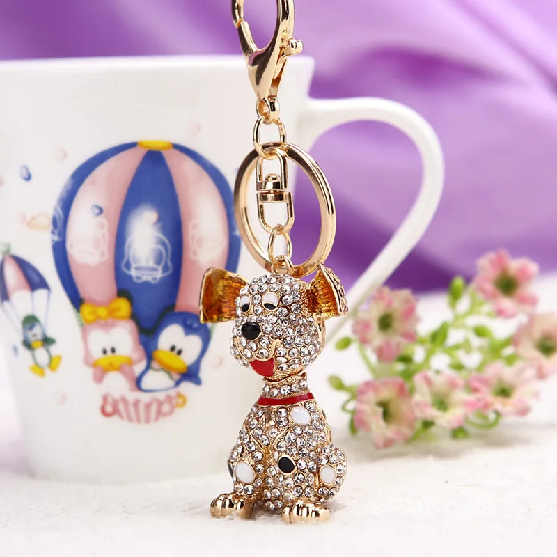 Cute Dalmatian Rhinestone Dog Keyring Alloy Metal Gold Color Animal Pet Keychain Handbag Purse Holder Jewelry llaveros