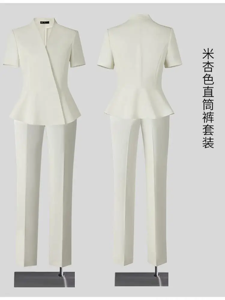 Tuta da lavoro professionale da donna estiva Giacca blazer a maniche corte con scollo a V solido e pantaloni alla caviglia a vita alta Nuovo set da due pezzi