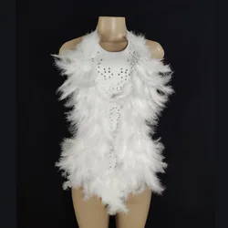 Sexy Suspenders White Feather Dress Colorful Rhinestone Backless Jumpsuit Nightclub Party DJ Stage Performance Costume