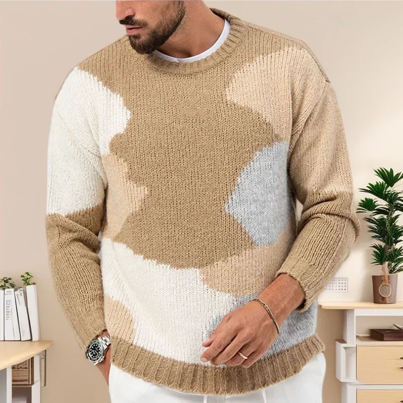 

Новинка 2023 года, мужские лоскутные пуловеры с длинными рукавами, сращенный свитер, вязаные джемперы, свитера с длинными рукавами, свободные осенние повседневные базовые модели