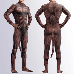 Zawaland Animal Wolf 3D Print Petsuit with Tail Furry Cosplay Costume Full Cover Crotch Zipper Jumpsuit Men Zentai Bodysuit