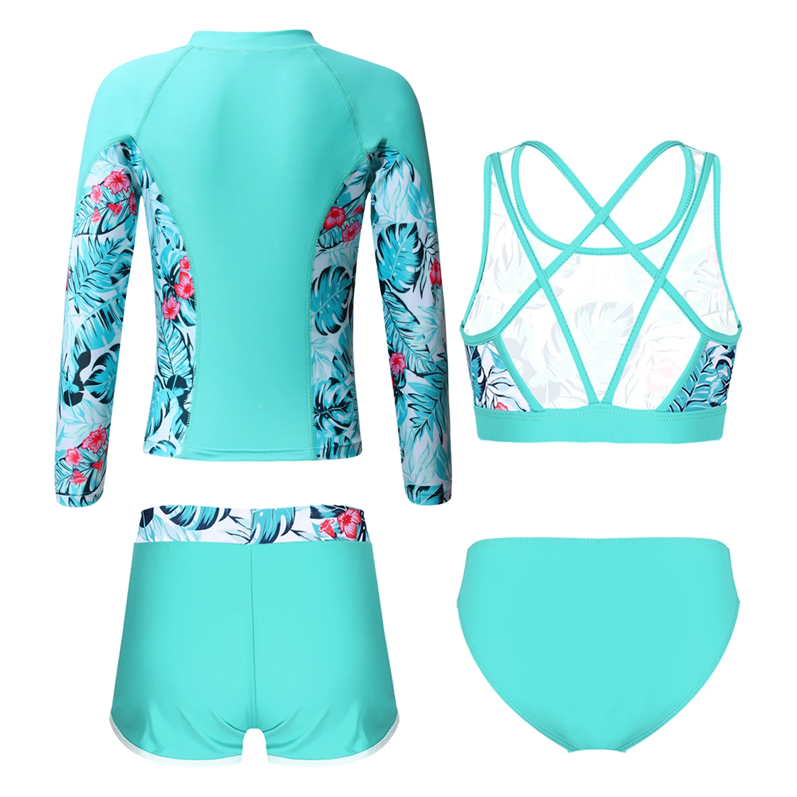 Kids Girls 4PCS Printed Swimsuit Front Zipper Tops with Strappy Back Crop Top and Briefs Shorts Outfit Beach Pool Bathing Suits