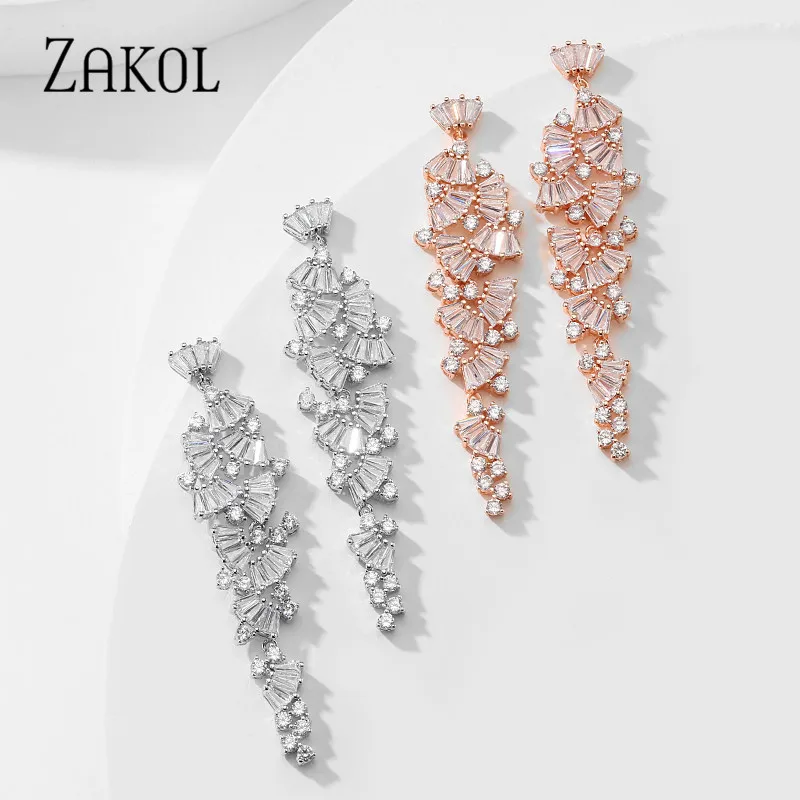 ZAKOL Luxury Gorgeous AAA Zirconia Crystal Sector Long Dangle Drop Earrings for Women Bridal Wedding Jewelry Gift