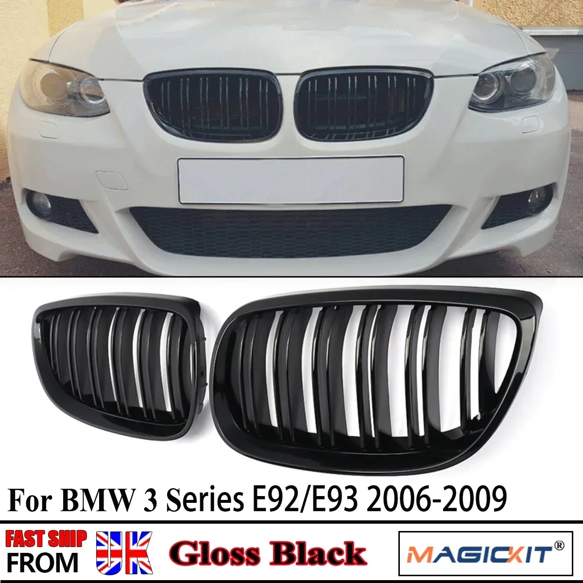 

Fit BMW E92 E93 M3 2007-2010 Front Bumper Kidney Grill Dual Line Grille Car Styling Racing Grilles Replacement Part Gloss Black