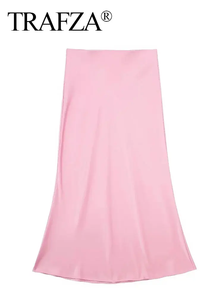 TRAFZA Skirt For Women Elegant Pink Skirts High Waist Slim Elastic Waist Satin Long Skirts 2024 Summer Casual Y2k Skirt Mujer