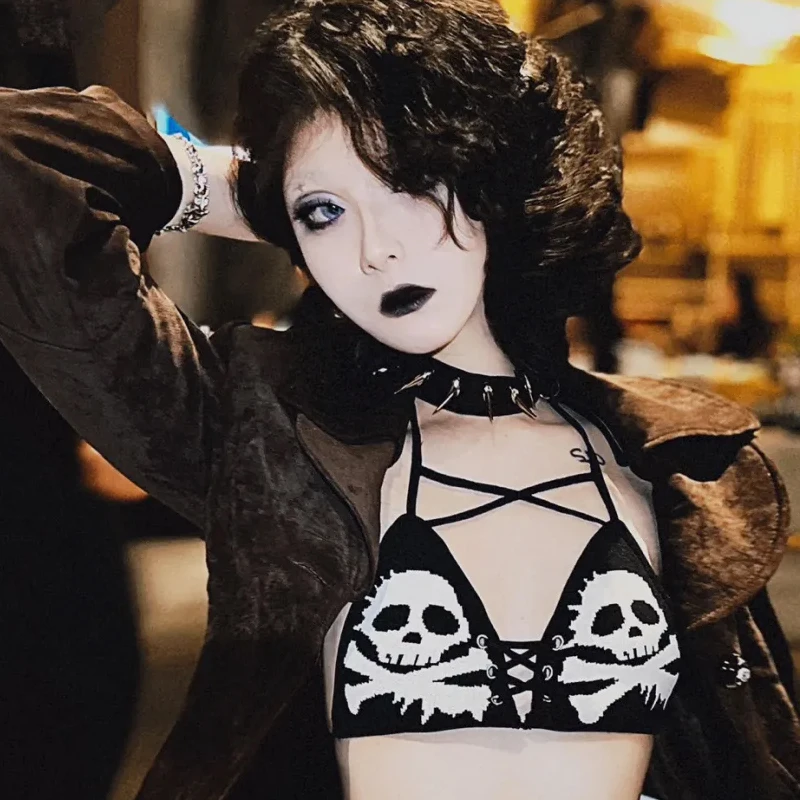 

Готическое темное панк-череп, женское нижнее белье, сексуальное бикини на шнуровке, облегающий бюстгальтер без рукавов с открытой спиной, топ, костюмы для косплея на Хэллоуин