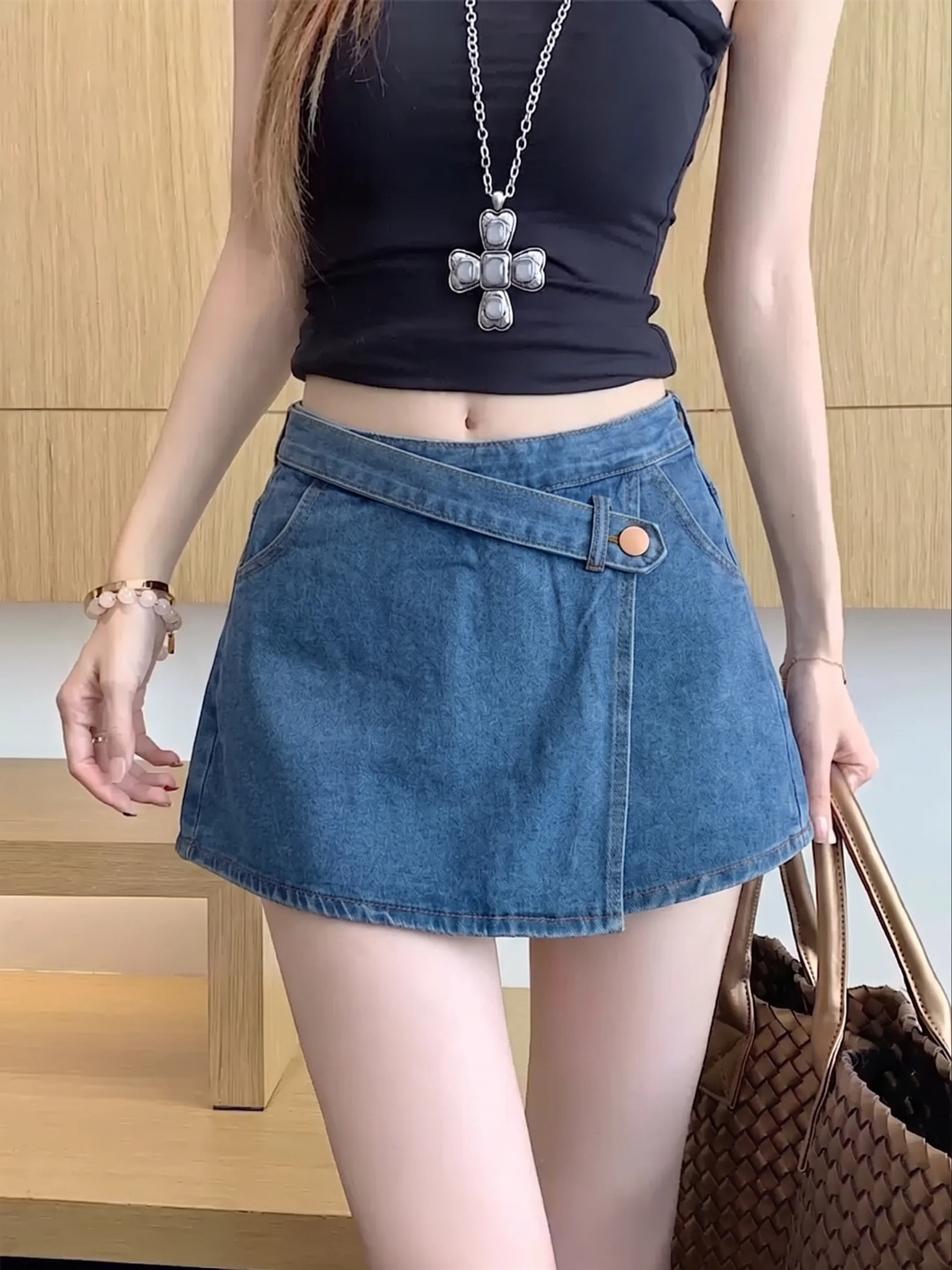 Retro Blue Denim  Skirt High Waist Asymmetrical Design Women's Summer Fashion Slimming A-Line Skirts Standard Fit