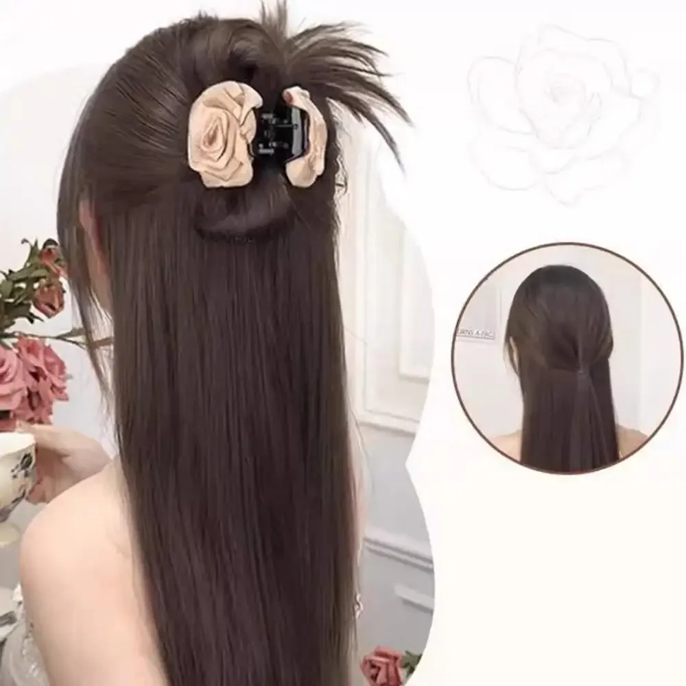 Synthetic Women's new Chinese style wig half-tied shuttlecock ponytail hair extension rose clip-on wig bun gentle versatile