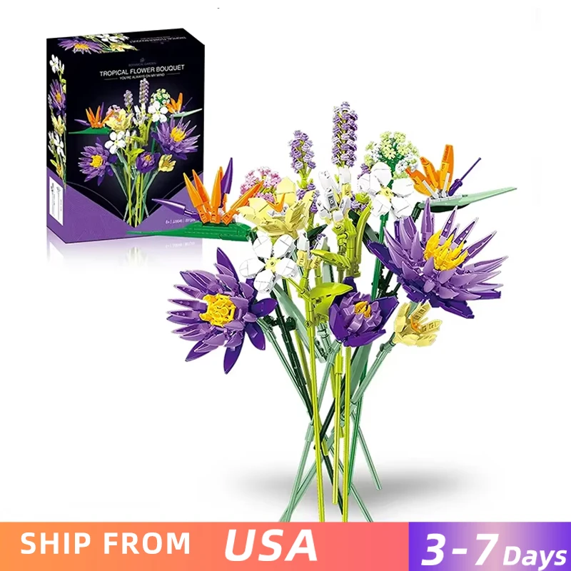 

891 шт. романтический букет цветов, строительные блоки, вечный цветок, растение, сборка кирпичей, настольные украшения, детские игрушки «сделай сам», подарок на праздник