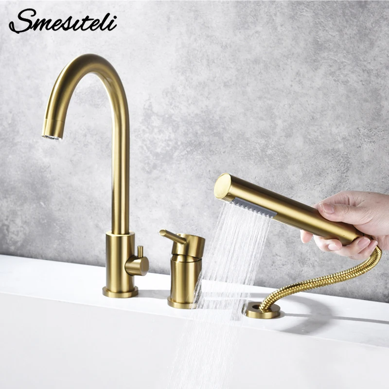 

Смеситель для ванны, матовый золотой, широко распространенный смеситель с одной ручкой, хромированный/черный, вращающийся на 360° смеситель и смеситель для ручного душа, монтируемый на палубе