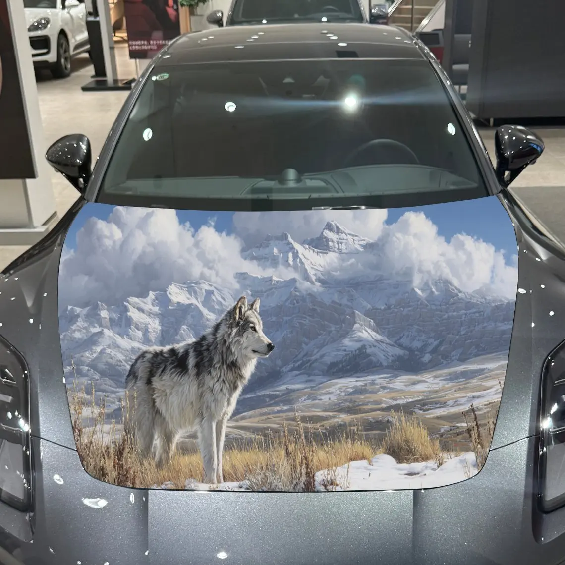 Alpine Lone Mountain Wolf Artistic Voyage PVC Car Hood Wraps, Self-Adhesive Waterproof Car Bonnet Decal Sticker, Car Decoration