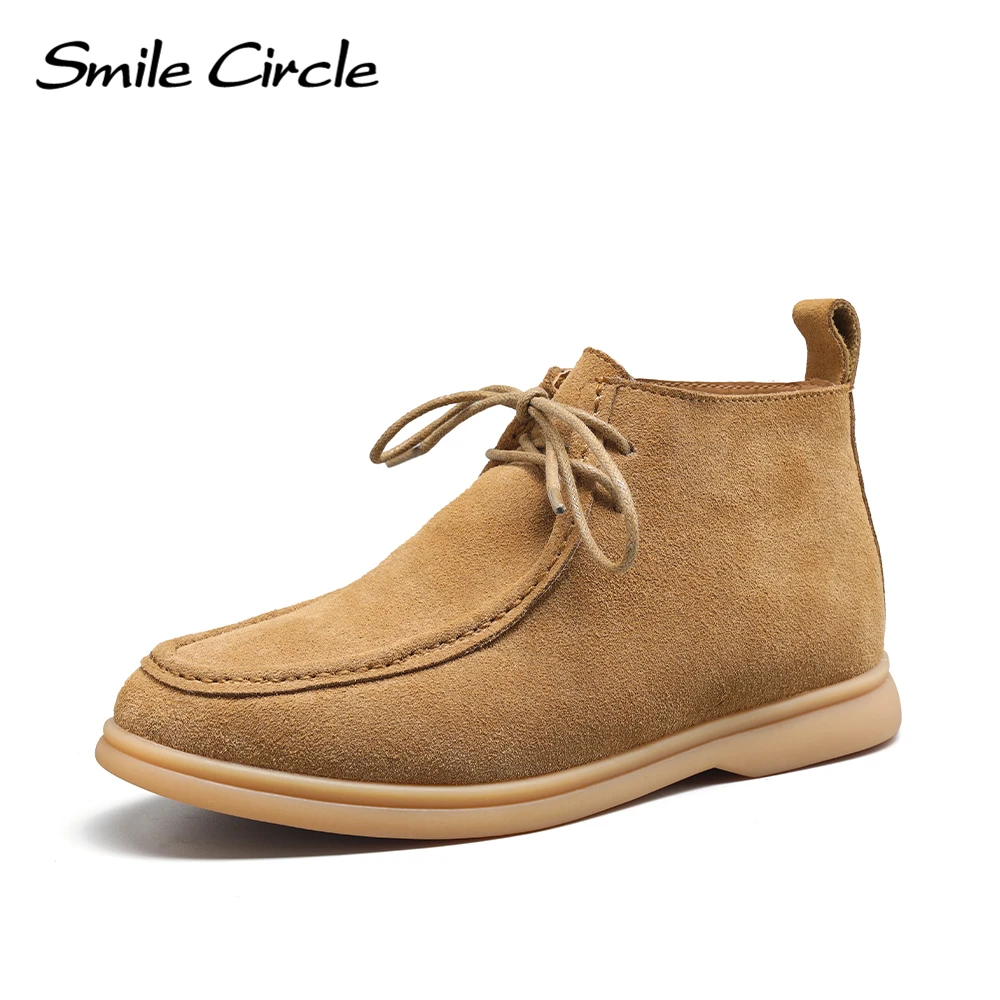 

Smile Circle Winter Ankle Boot Women Suede Genuine Leather Flat Lace-up Casual Shoes for Women Boots