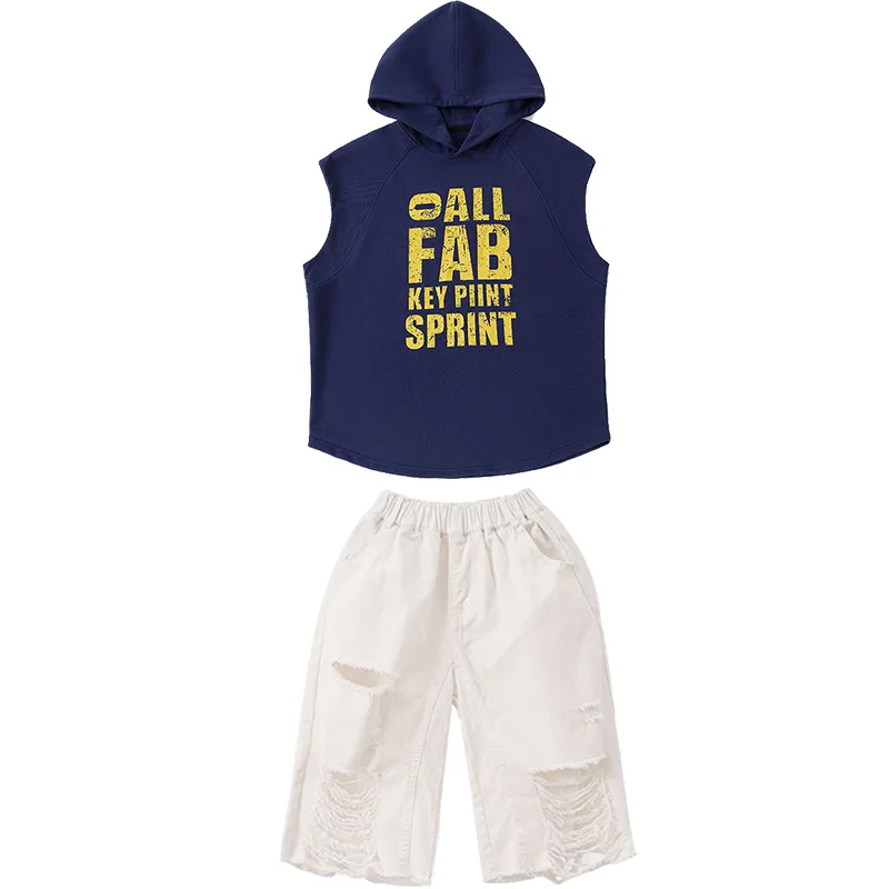 Enfant Kpop Hip Hop vêtements bleu marine à capuche débardeur blanc en détresse déchiré Shorts pour fille garçon Jazz danse porter Costumes vêtements