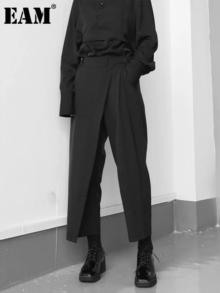 [EAM] High Elastic Waist Black Brief Pleated Long Trousers New Loose Fit Pants Women Fashion Tide Spring Autumn 2024 1S430