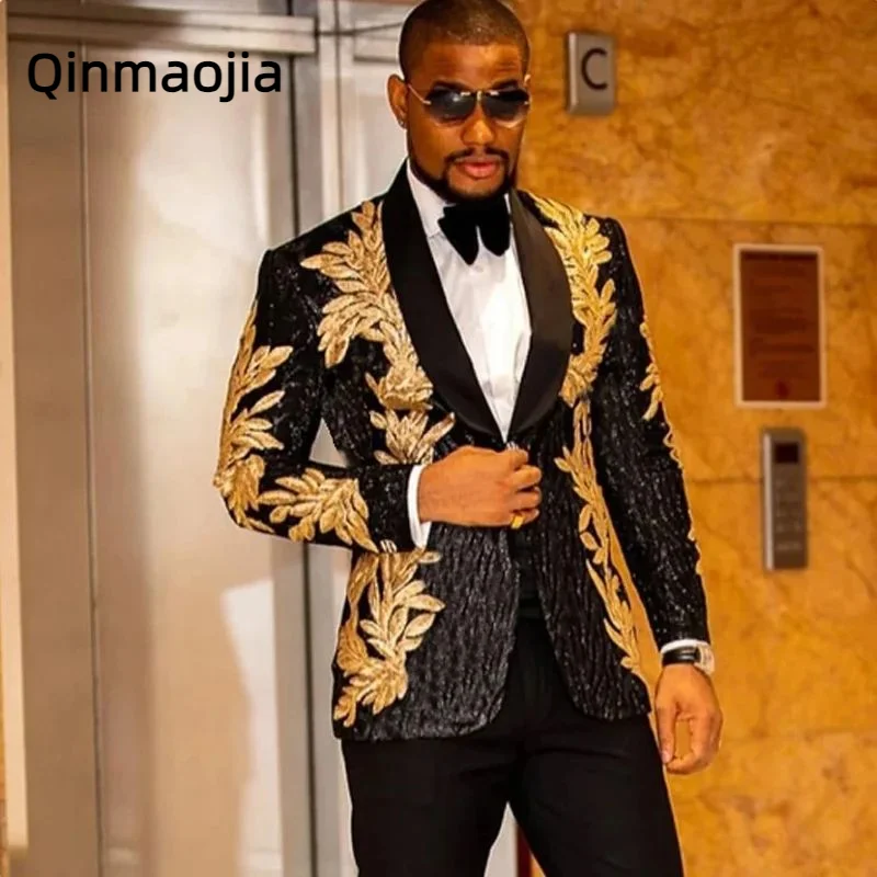 

Men's High-quality chic Sequins Floral 2 Pieces Set Suits Shiny Singer Performance Wedding Groom Prom Tuxedos + Trousers