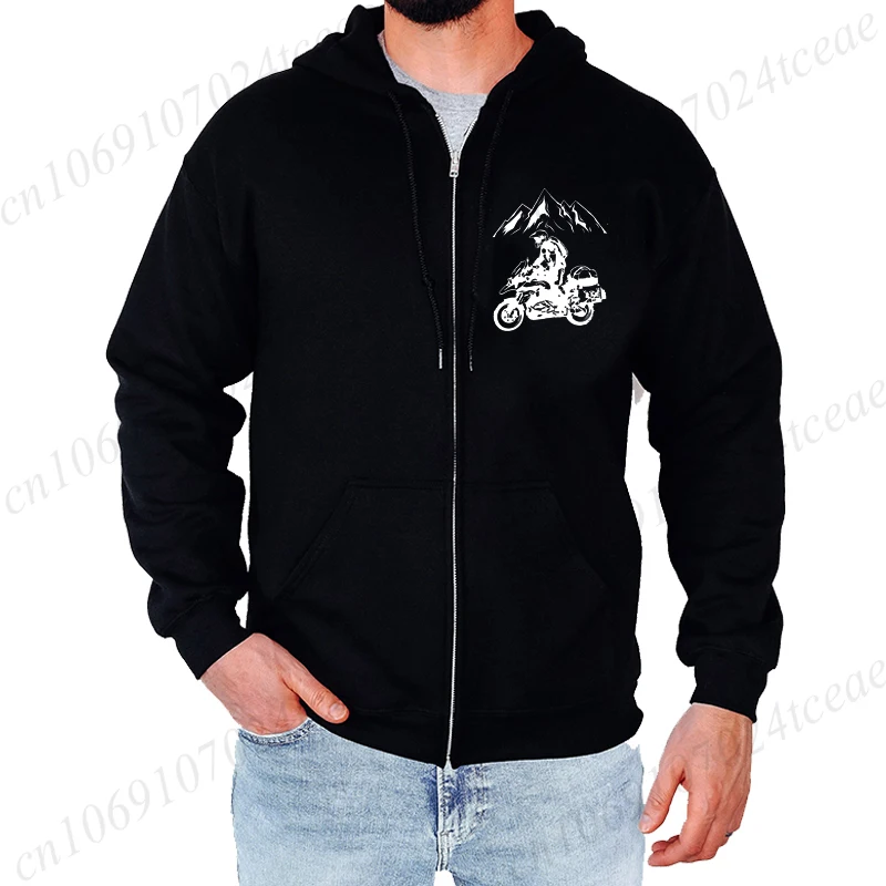 Mountain Adventure Motorcycle Print Zip Up Hoodies Hooded Travel Compass Zipper Sweatshirt Coat Teen Men Fleece Y2K Jackets