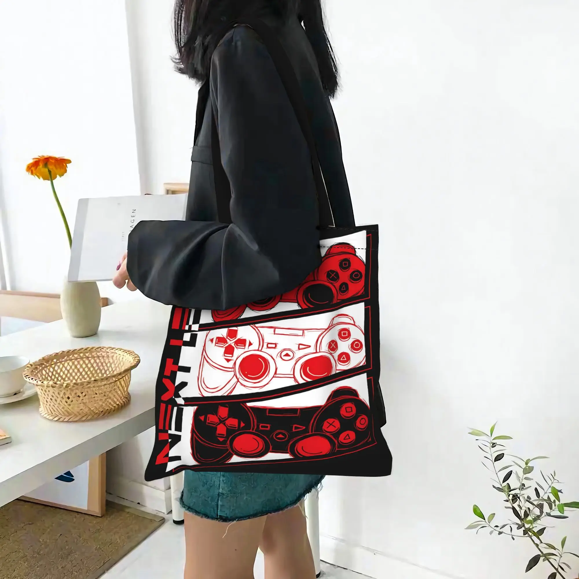 fashionable bags back to school Large Capacity Unisex Neon Gaming Controller Print  Canvas Tote Bag Foldable Chic Pattern Gifts