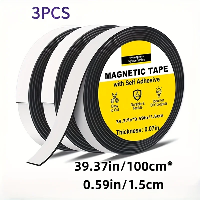 3 Rolls of 1M Super Strong Magnetic Tape – Easy to Cut and Stick on Refrigerators, Whiteboards, etc.