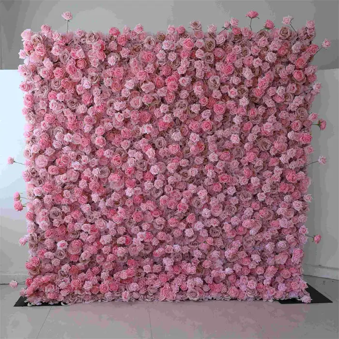 Grand Wedding Series 3D Pink Rose Gradient Rolling Up Cloth Curtain Flower Wall Wedding Backdrop Turf Plants Wall Party Prop