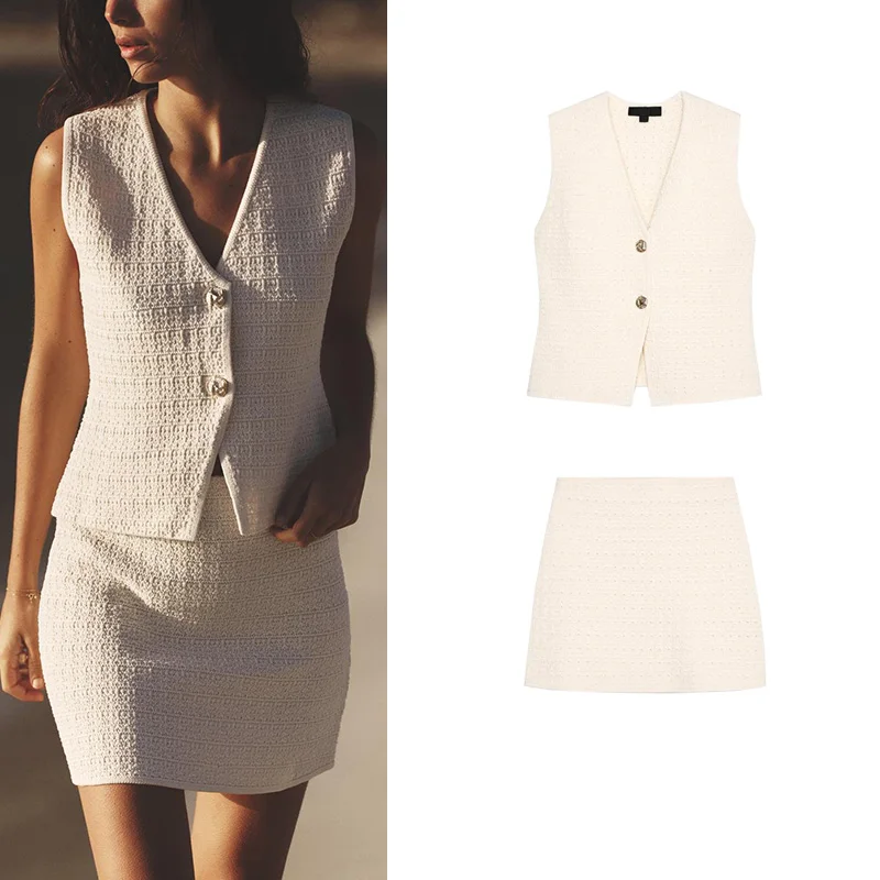 

Textured V-Ne Svel Vest 492057 Versatile Skirt 492058 Faionable Simple Two-Piece Set ort Sve Button-Up
