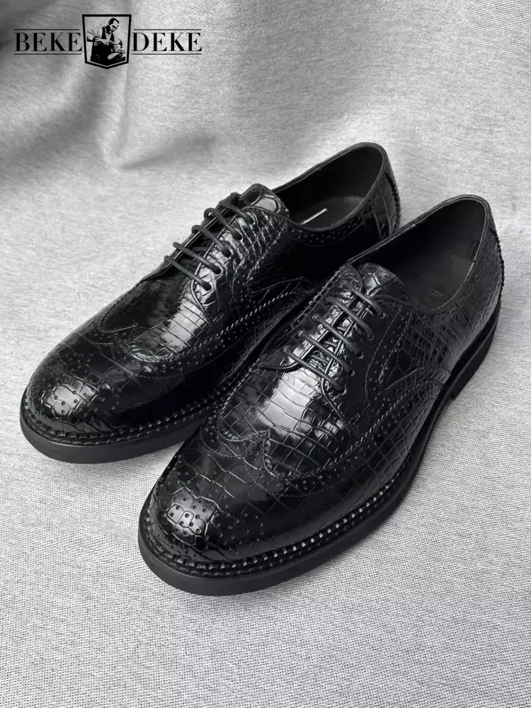 

Office Men Business Work Dress Shoes Lace Up High Quality Crocodile Skin Luxury Banquet Groom Genuine Leather Brogue Shoes Male