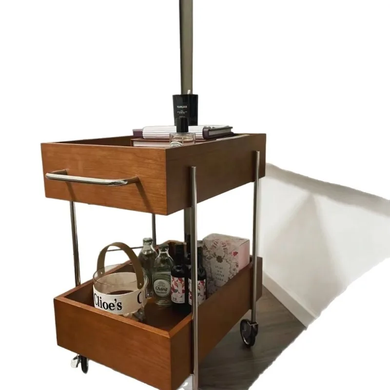 

Solid wood cart, living room, sofa storage cabinet, household multi-layer snacks, bedside shelves, movable medieval edge