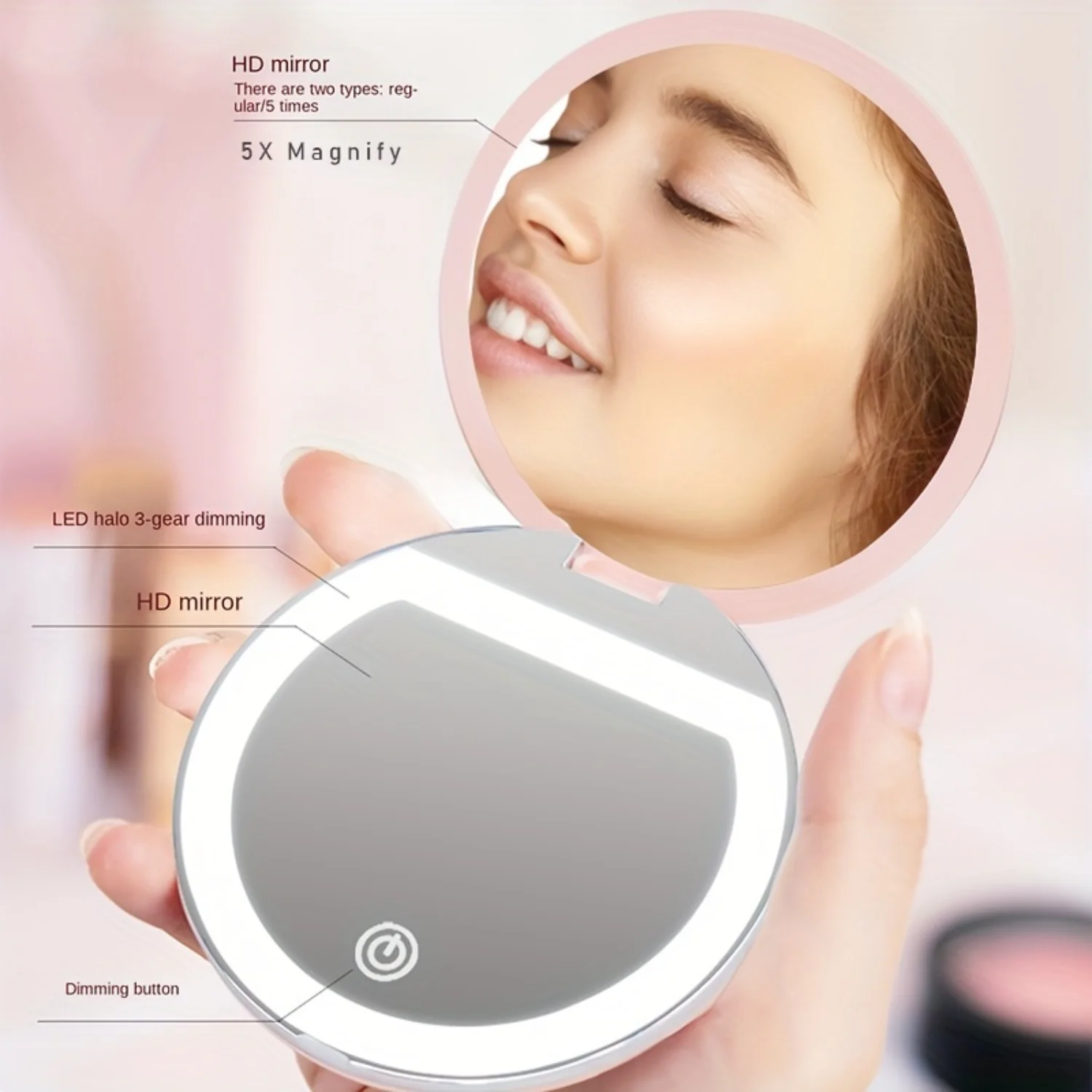 1 قطعة مرآة مدمجة Led مع تكبير 5X 3-Gear يعتم المحمولة صغيرة مزدوجة الجانب للطي مرآة ماكياج مضاءة للمحافظ أ