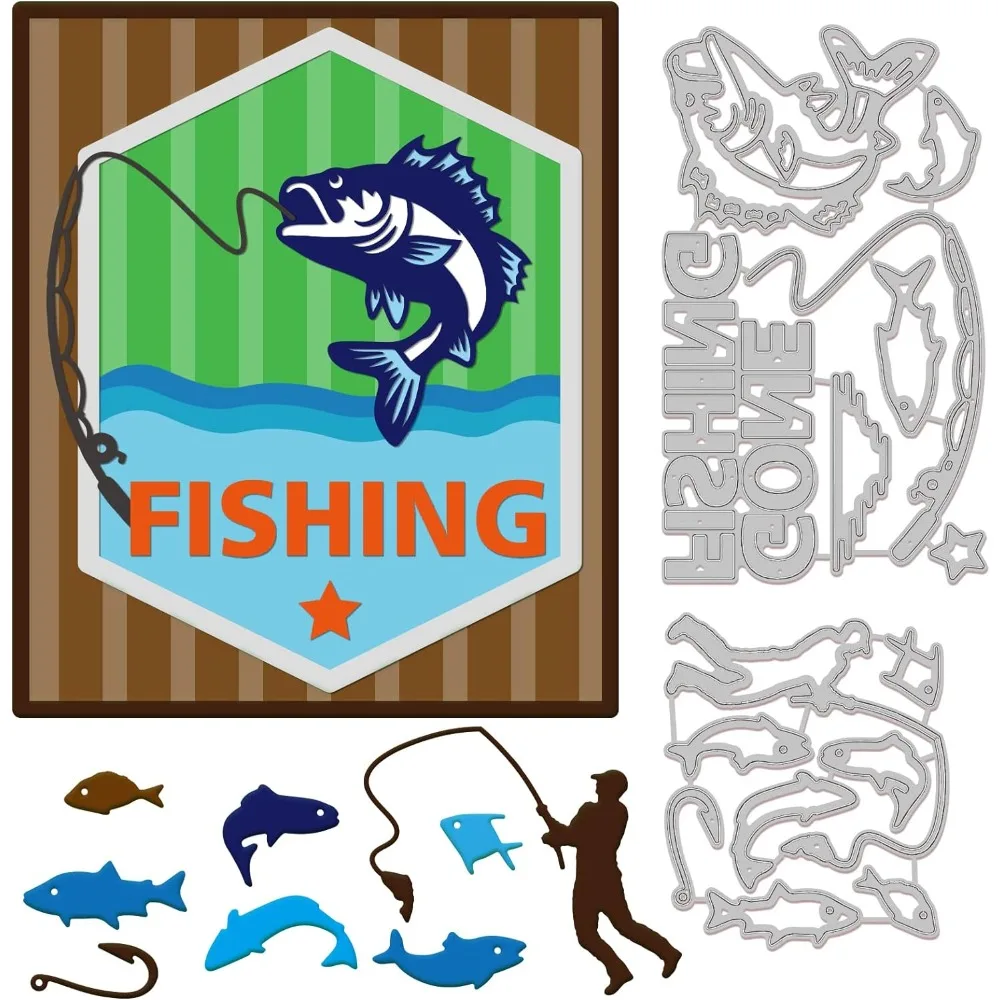 2pcs Fishing Embossing Template Fish Rods Text Carbon Steel Die Cuts Leisure Time Die Cut for Scrapbooking Card DIY Craft