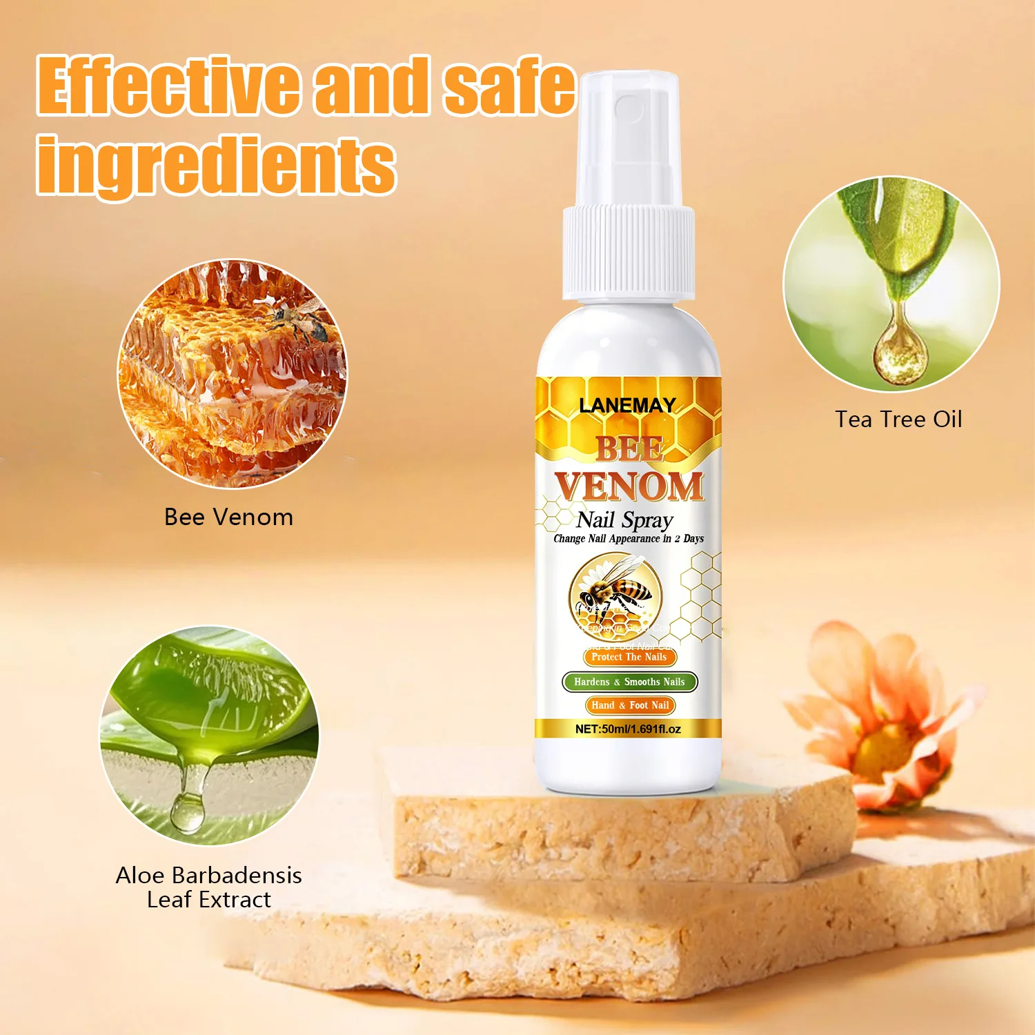Bee Venom Nail Spray with Tea Tree Oil– Moisturizing Treatment for Hand and Foot Nails, Helps Improve Nail Appearance in 2 Days.