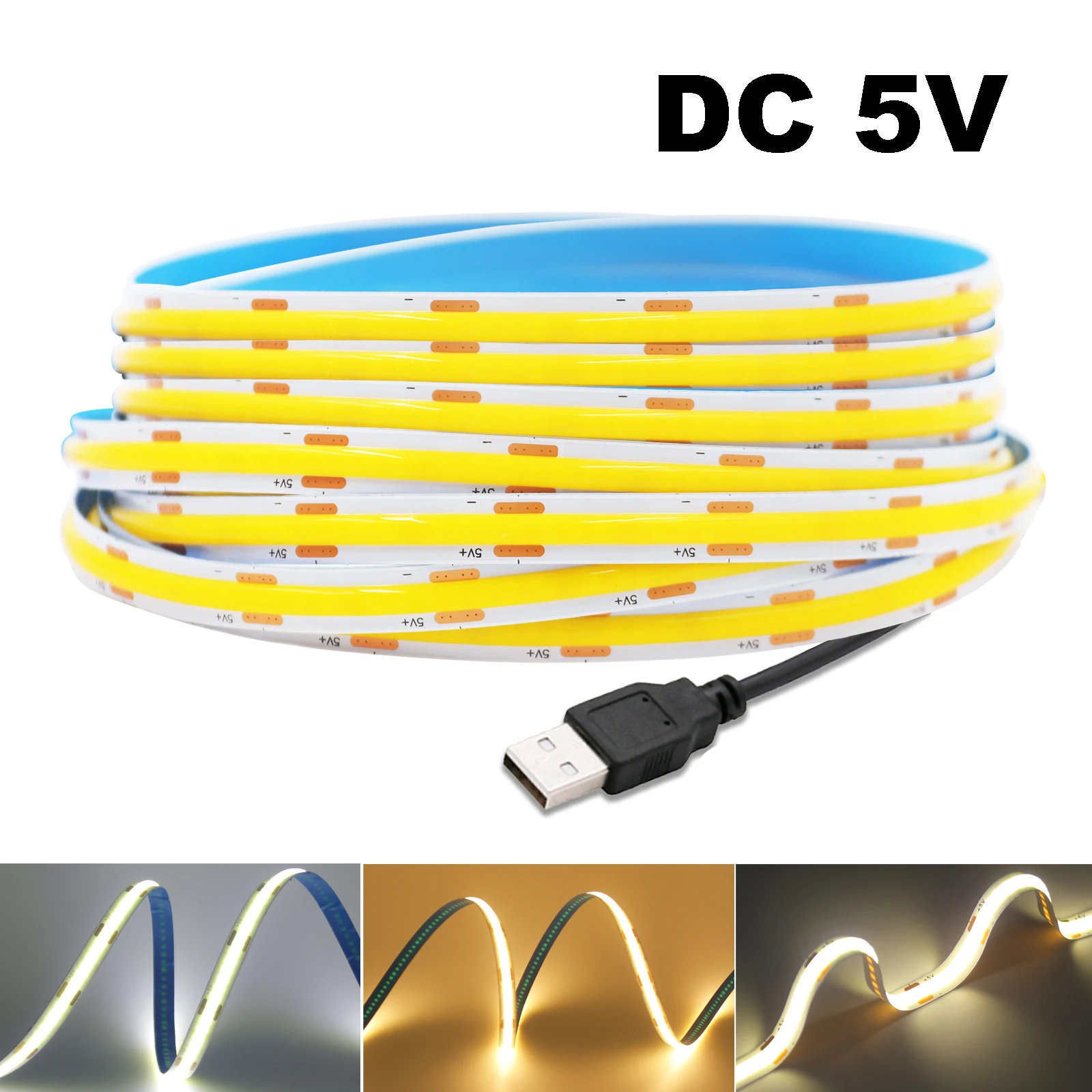 Lampu Led COB USB DC 5V, Super terang Strip lampu 320LED/m kepadatan tinggi pencahayaan linier fleksibel hangat/Natural/putih 50cm 1m 2m 3m 4m 5m