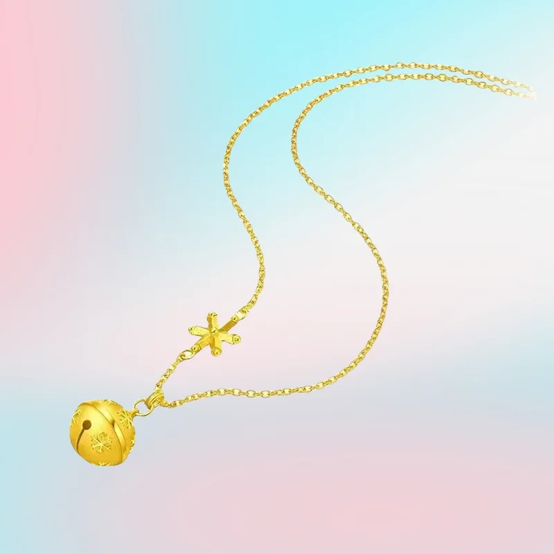 

new 9999 real gold 24K yellow gold Women's Snowflake Bell Chain Necklace