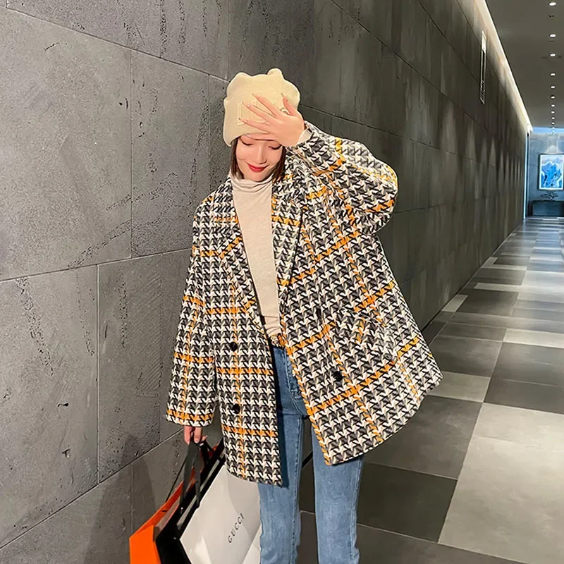 

2025 Spring Korean Orange Houndstooth Plaid Woolen Clothes Coat Women Loose Casual Double Breasted Female Woolen Outerwear