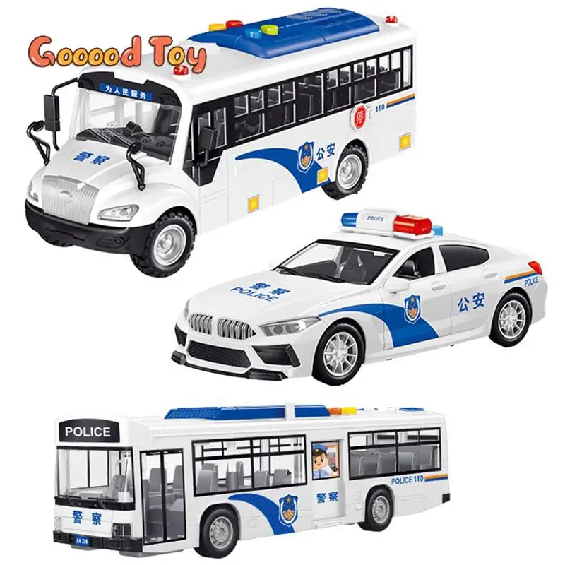 Simulation Police Car Model Pull-back Vehicle Police Bus with Lights Music Large City Bus Inertial Cars Toys for Kids Boys Gift