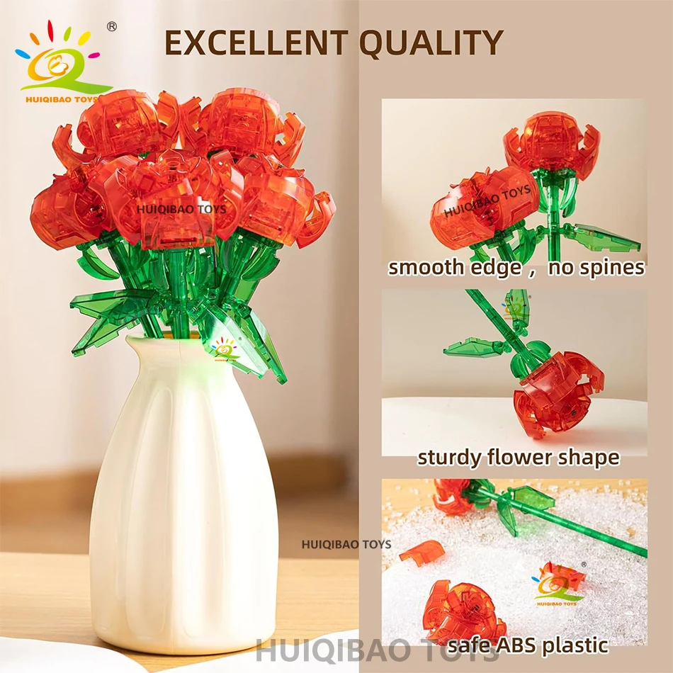 HUIQIBAO-ramo de flores rosas para el Día de San Valentín, juego de bloques de construcción, flores artificiales para decoración del hogar, Kits de ladrillos de rosas de cristal, Juguetes