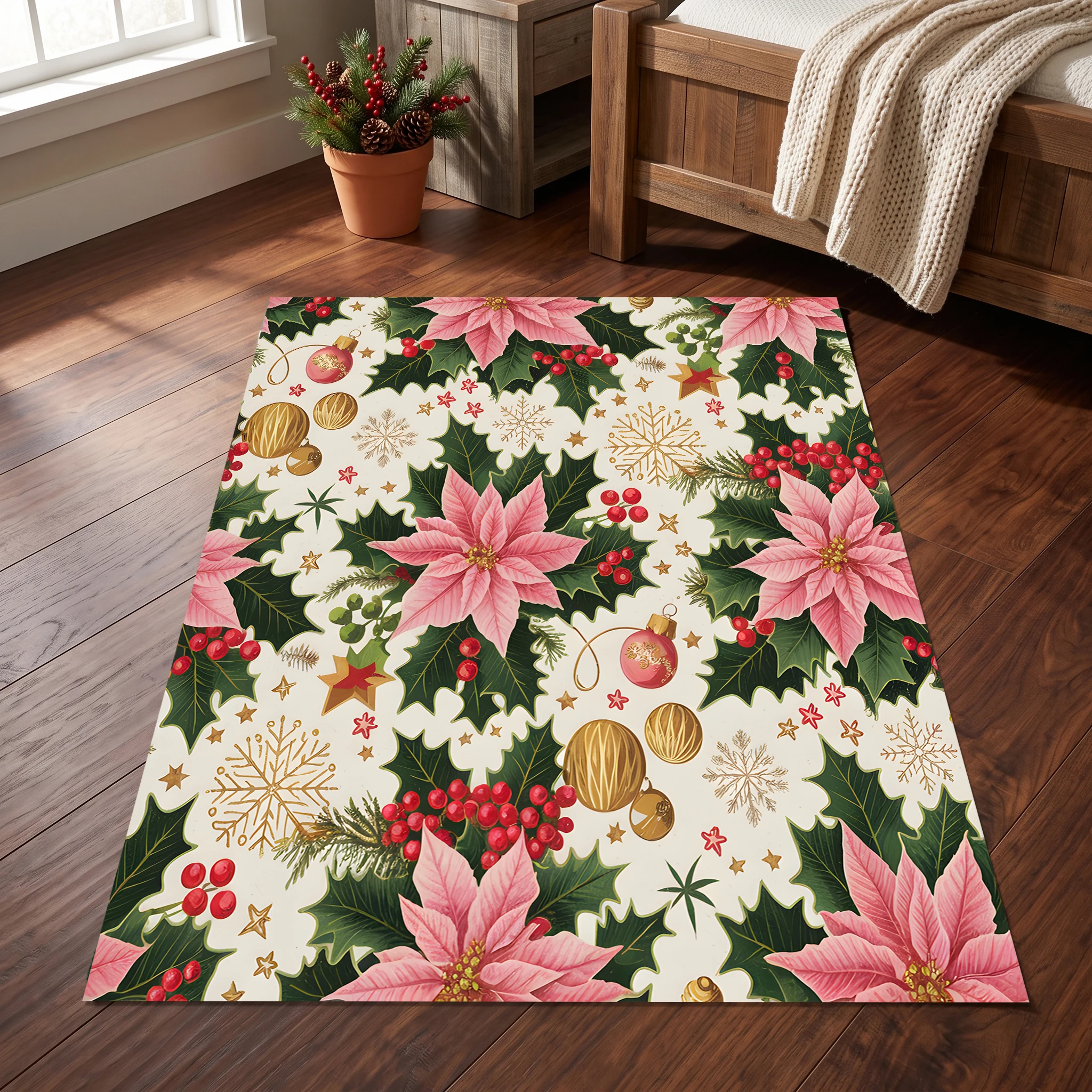 Velvet Rug Pink Christmas Flower Berry Snowflake Sweet Retro Style for Entryway Bedroom Living Room Home Decor