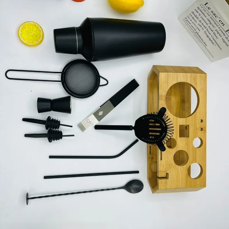 11Pcs Matte Black Eco Friendly Stainless Steel Cocktail Shaker Bar Kit 750ml Natural Bamboo Stand For Minimalist Modern Bar Deco