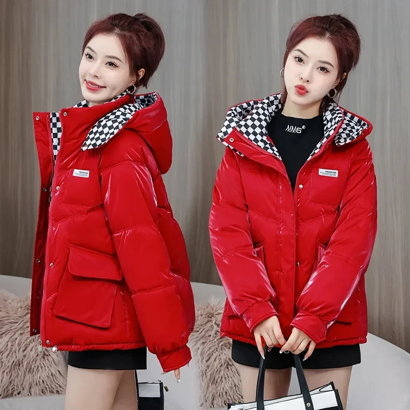 

Short Parka Down Cotton-Padded Jacket Women's 2023 New Winter Jackets Red Fashion Glossy Cotton-Padded Jacket Student Coat White