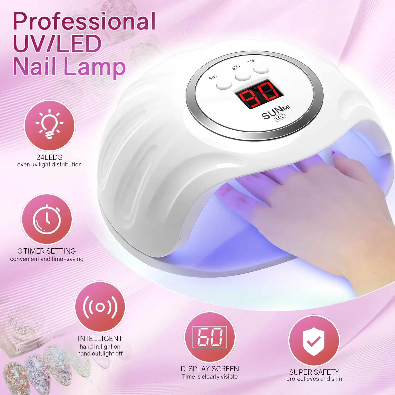 LED Nail Lamp 72W for Gel Nails Fast Curing Dryer with 24 LEDS 3 Timers Professional UV Light for Home Salon Nail Art Tools