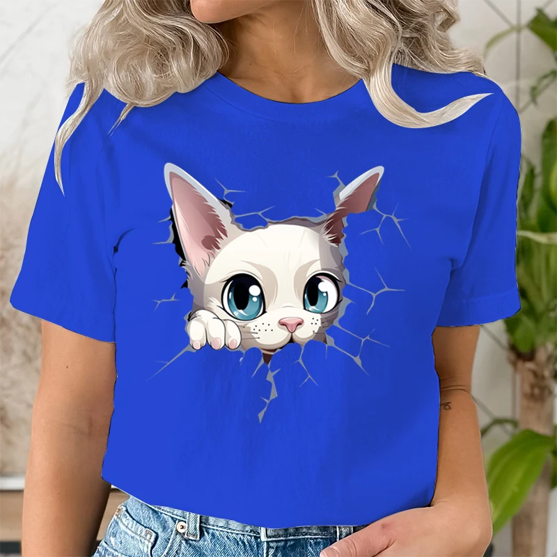 Cute Cat Torn Cloth Graphic Woman T-shirts Cartoon Cute Cats Fashion Classic Tops Cat Looking Through Wall Print Women T-shirt