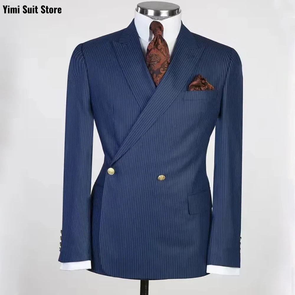 

Pinstripe Men Suits 2 Pieces One Breasted Blazer Daily Luxury Formal Party Groom Blazer Wedding Groom Tuxedos Jacket+Pants
