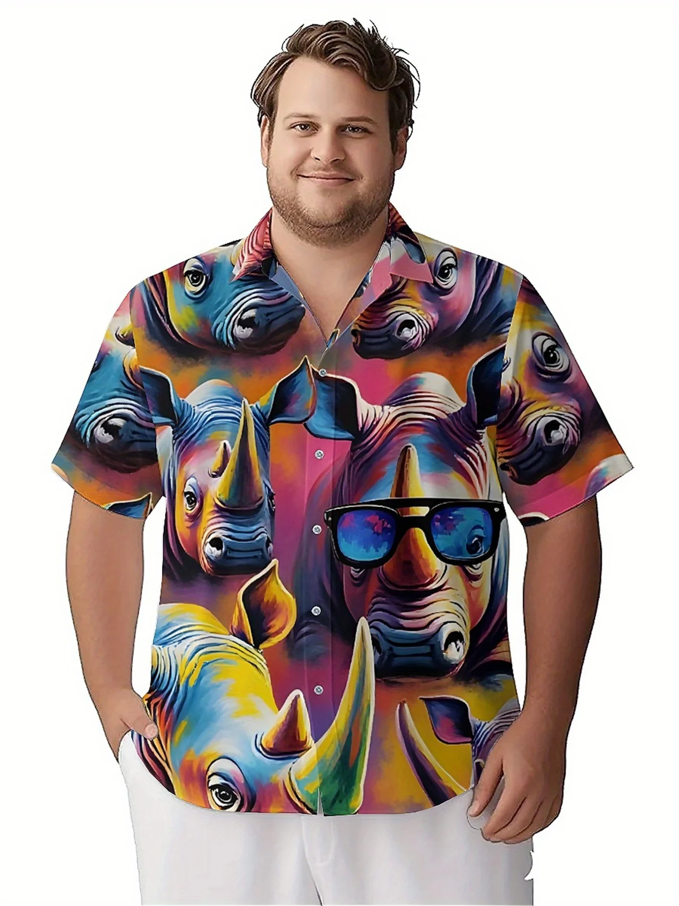 Men's Plus Size Hawaiian Shirts Rainbow Rhino Trend Pattern, Button Up Shirts, Unisex Casual Clothing, Summer Tops