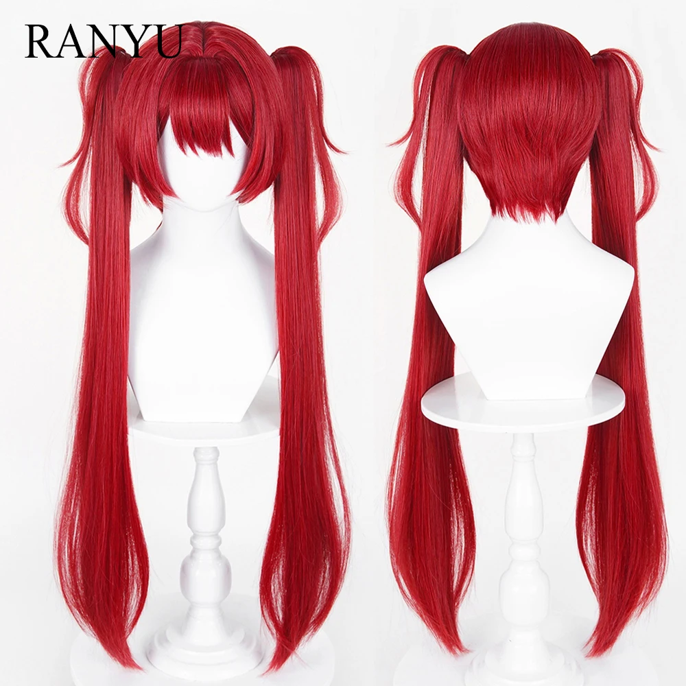 Red Short Straight Synthetic Wigs with Long Double Ponytail Clip Anime Game Cosplay Fluffy Wig for Daily Party