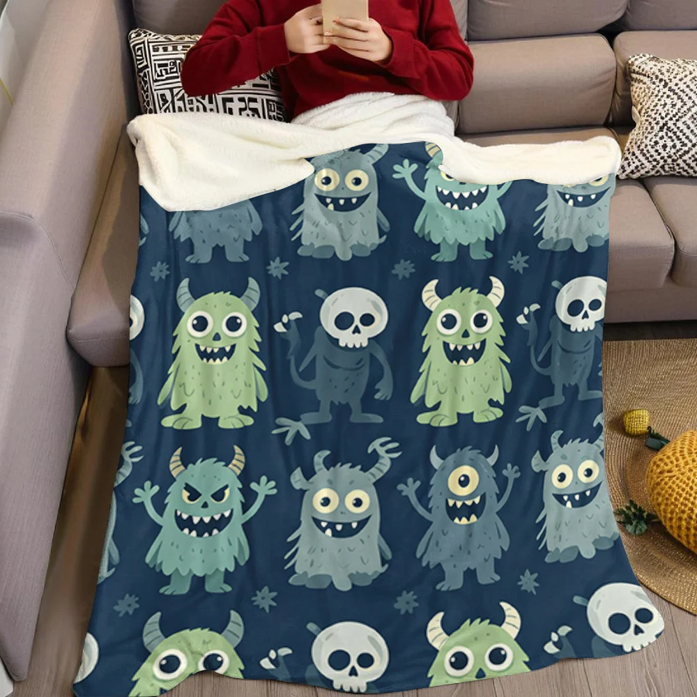 Cute Cartoon Monsters Horns Flannel Blanket Warm Soft Halloween Christmas All-Season Couch Decorative Cozy Warm Gift