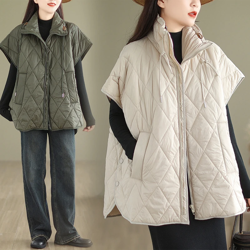 

plus Size Diamond Pattern Quilted Cotton Vest Women's Winter Loose Svel Cotton Jaet oulder Pad Thiened Vest Coat