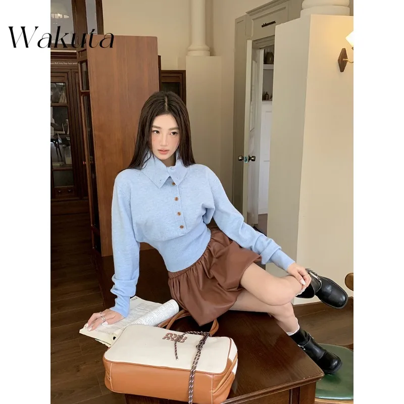 WAKUTA Retro Stacked Collar Long-sleeved Inner Jersey Fashion Red Brown Stacked Mini Skirt Fall Vacation Sets Кастюмы Для Женщин