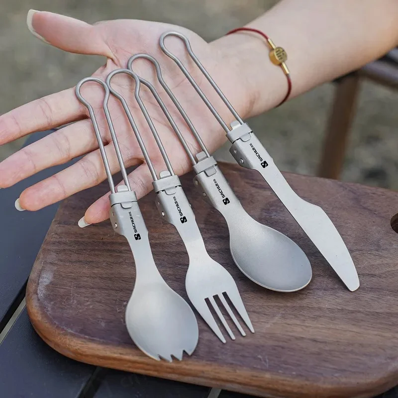 Pure Titanium Outdoor Portable Multi-functional Fork Spoon Camping Chopsticks Folding Tableware Alloy Utensils for Hiking