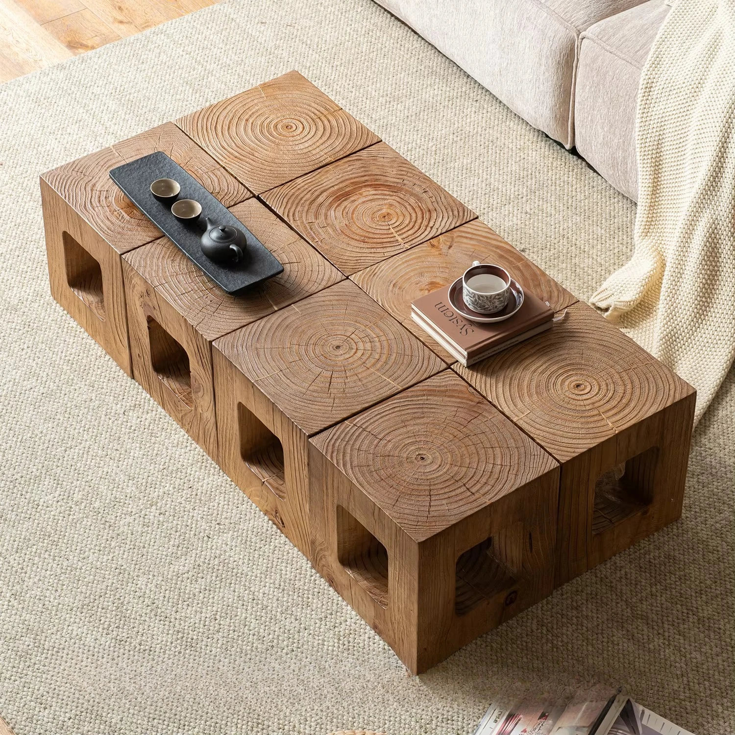 

！@Square Solid Wood Retro Coffee Table & Side Table with Storage No Assembly Required Customizable for Hotel Homestay