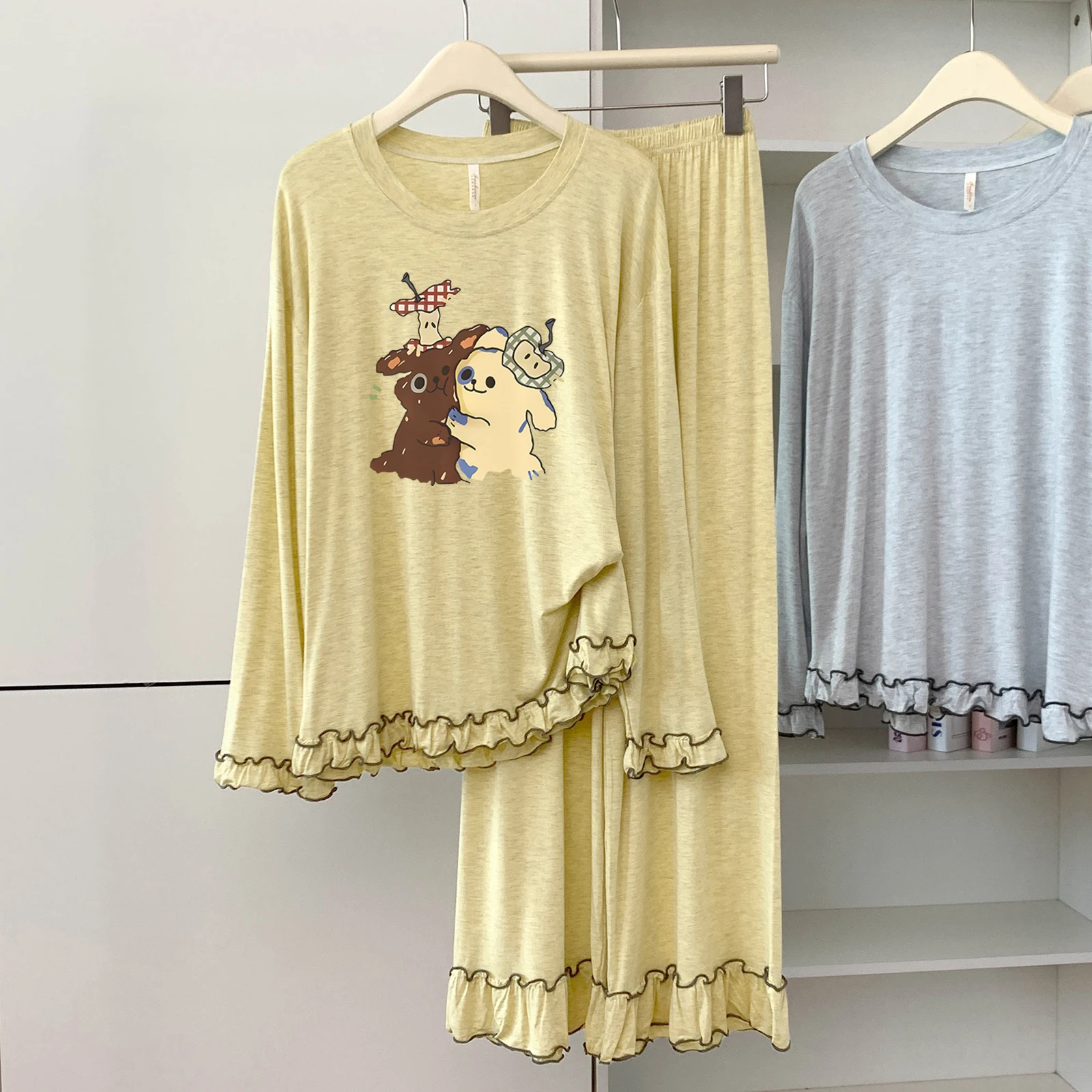 5174-300 Modal-Baumwolle, Rundhalsausschnitt, langärmelig, lange Hosen, Pyjama für Damen, Frühling und Herbst, dünn, locker, weich, bequem, Heimkleidung