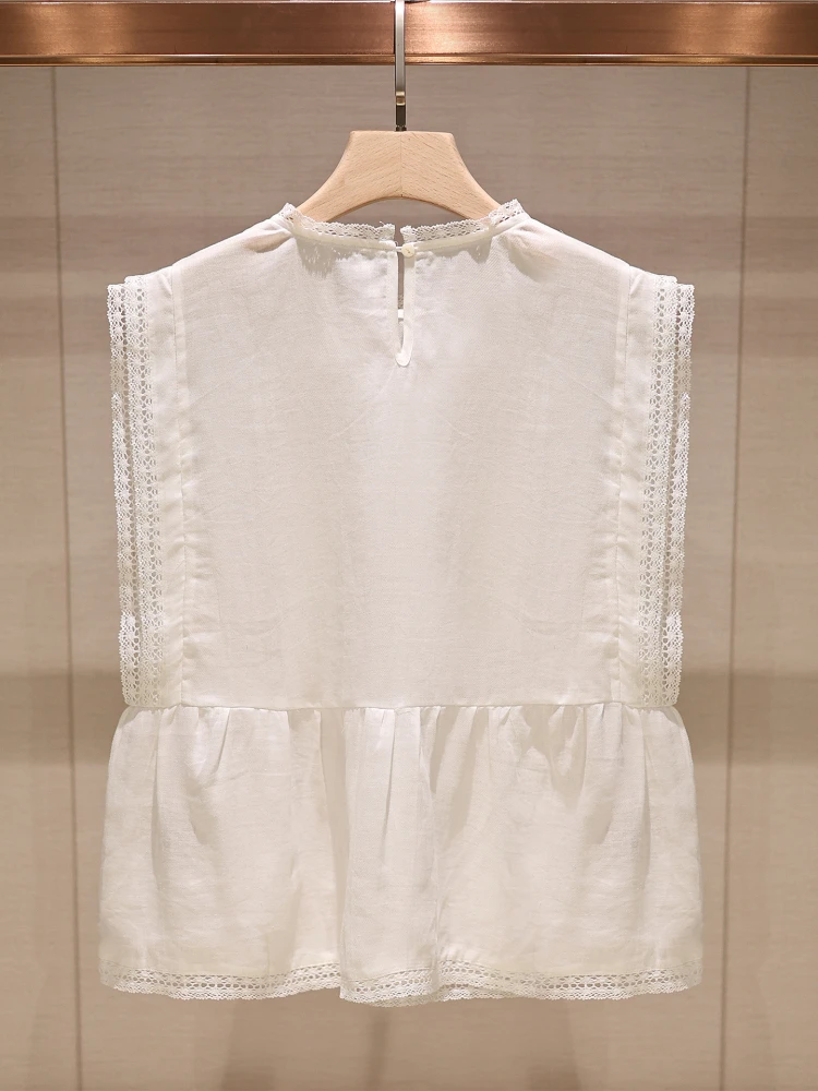 เสื้อเวสต์ผู้หญิงผ้าลูกไม้สีขาวแบบโปร่ง ดีไซน์แฟชั่นฤดูร้อน ระบายอากาศได้ดี สวมใส่สบาย ทรงตรง