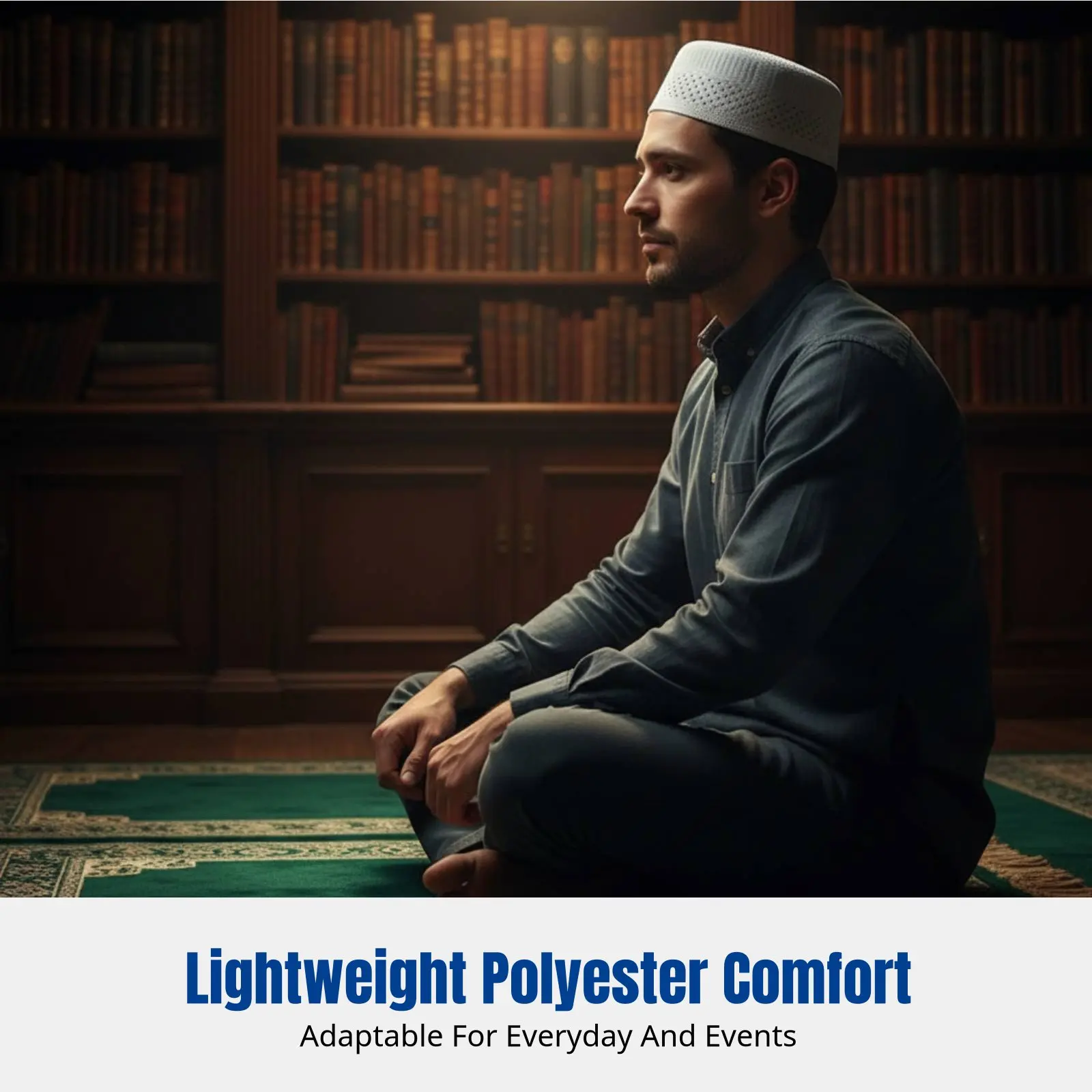 

Men's Muslim Prayer Cap, Flat Top Embroidered Hat, Navy Base with Cream Thread, Breathable Polyester, Traditional Design